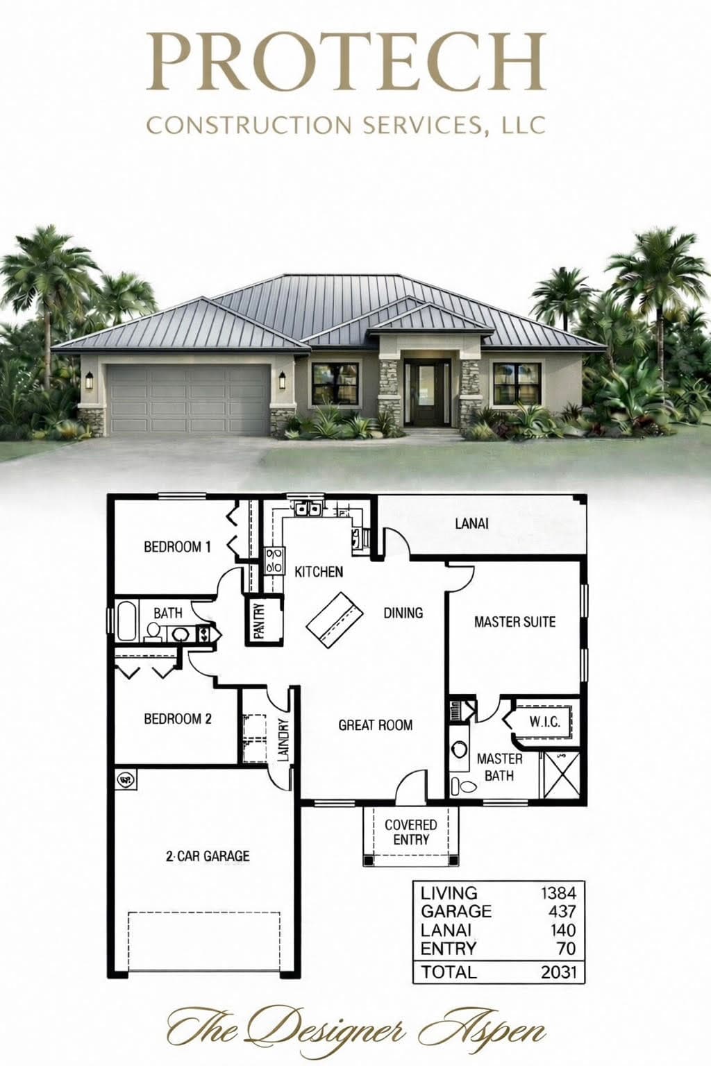 The Designer Aspen elevation rendering and floor plan