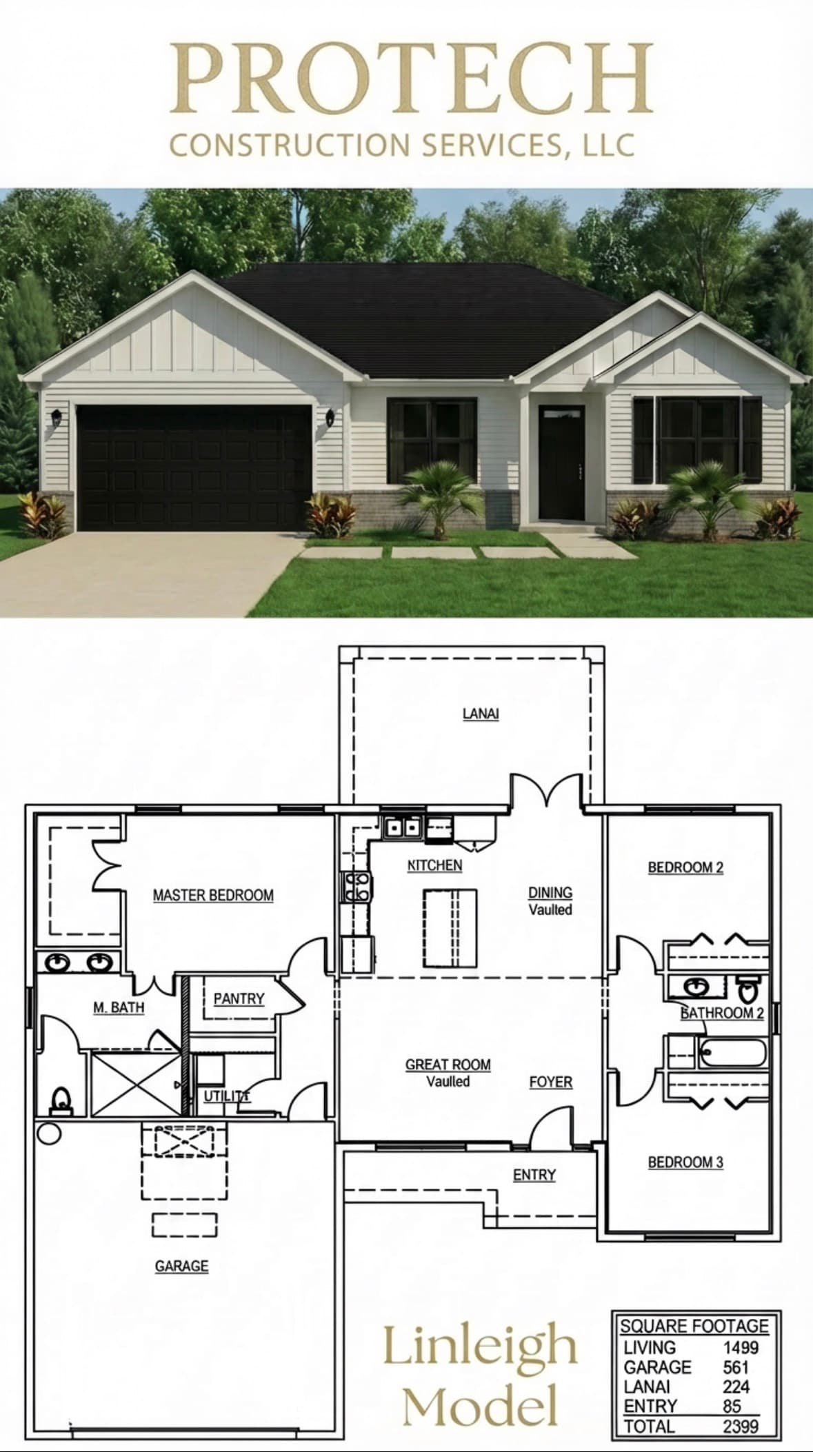 The Linleigh elevation rendering and floor plan