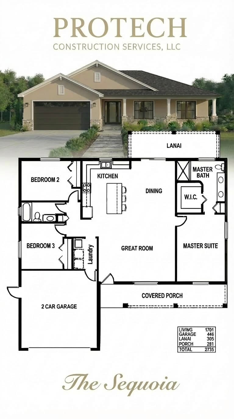 The Sequoia elevation rendering and floor plan