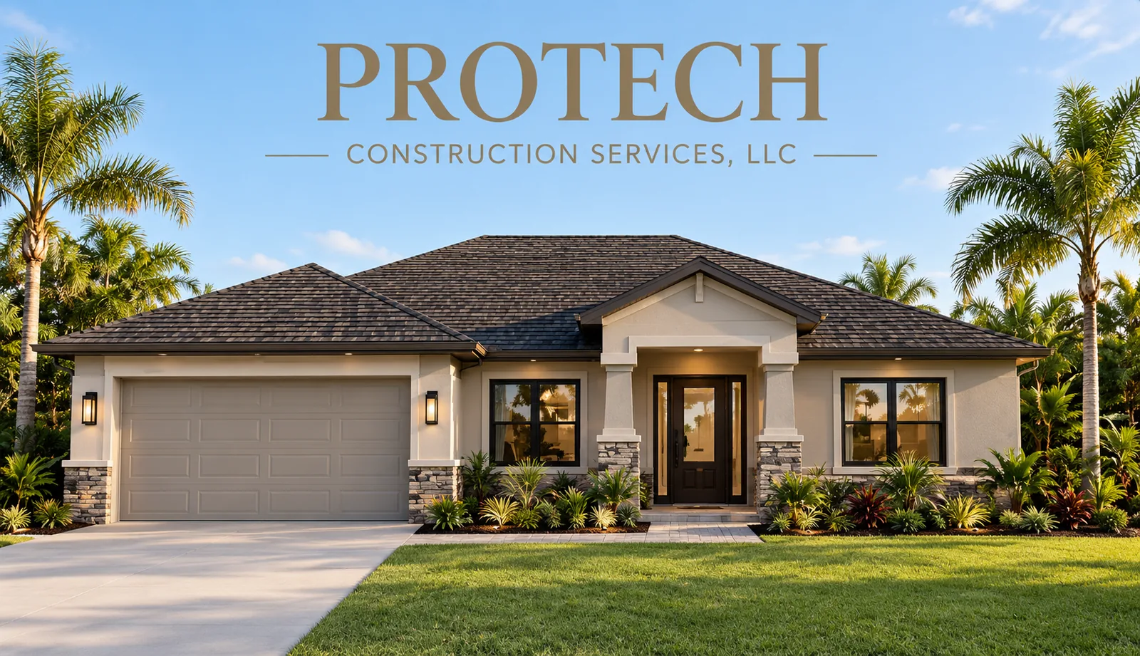 The Aspen exterior, single-story Florida home with a shingle hip roof and two-car garage