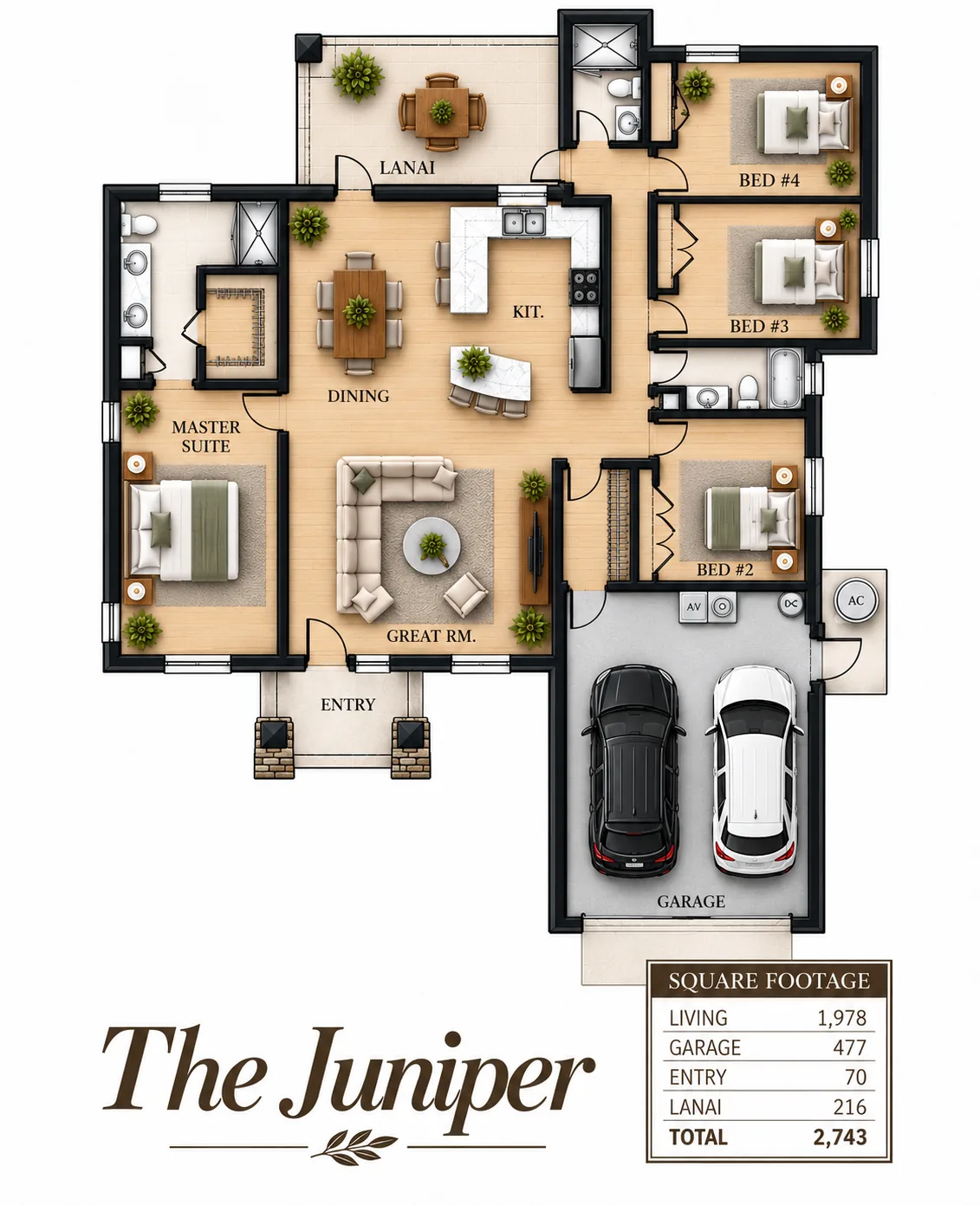 Juniper four bedroom floor plan with the master suite on one side of the great room and three bedrooms on the other