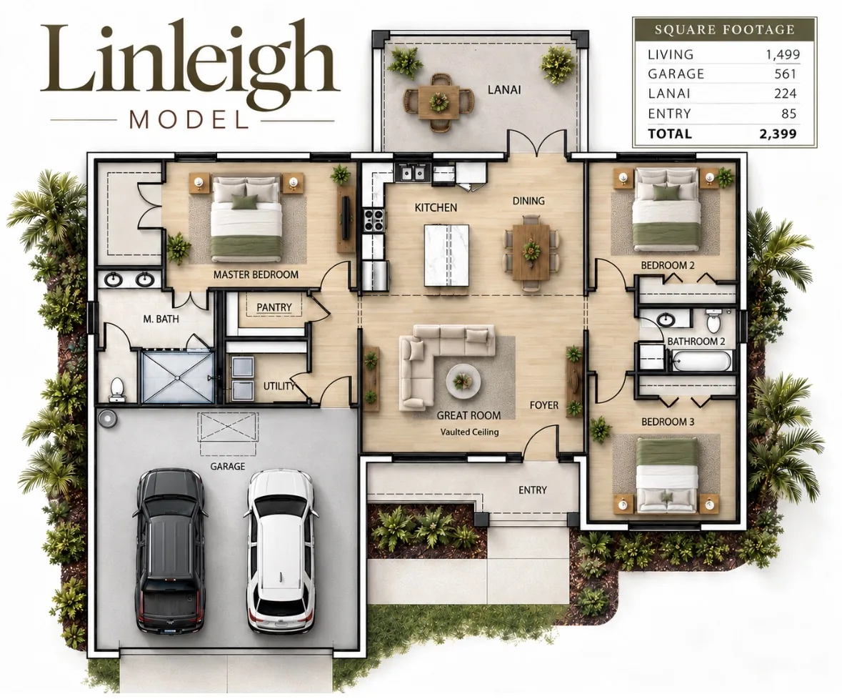 Linleigh floor plan with a vaulted great room, master bedroom on the garage side, and two secondary bedrooms sharing a bath