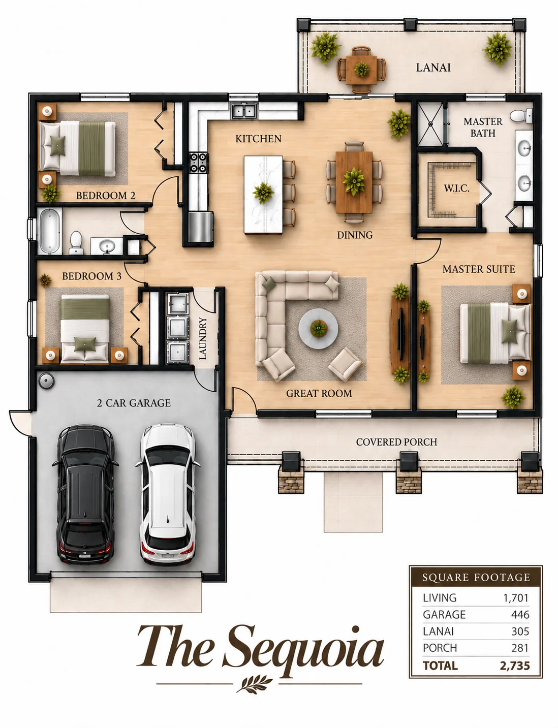 Sequoia floor plan with the master suite on the right, bedrooms 2 and 3 beside the garage, covered front porch and rear lanai
